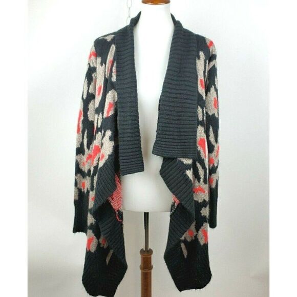 ROMEO & JULIET COUTURE Black Leopard Open Drape Front Long Cardigan Womens S - Picture 1 of 6